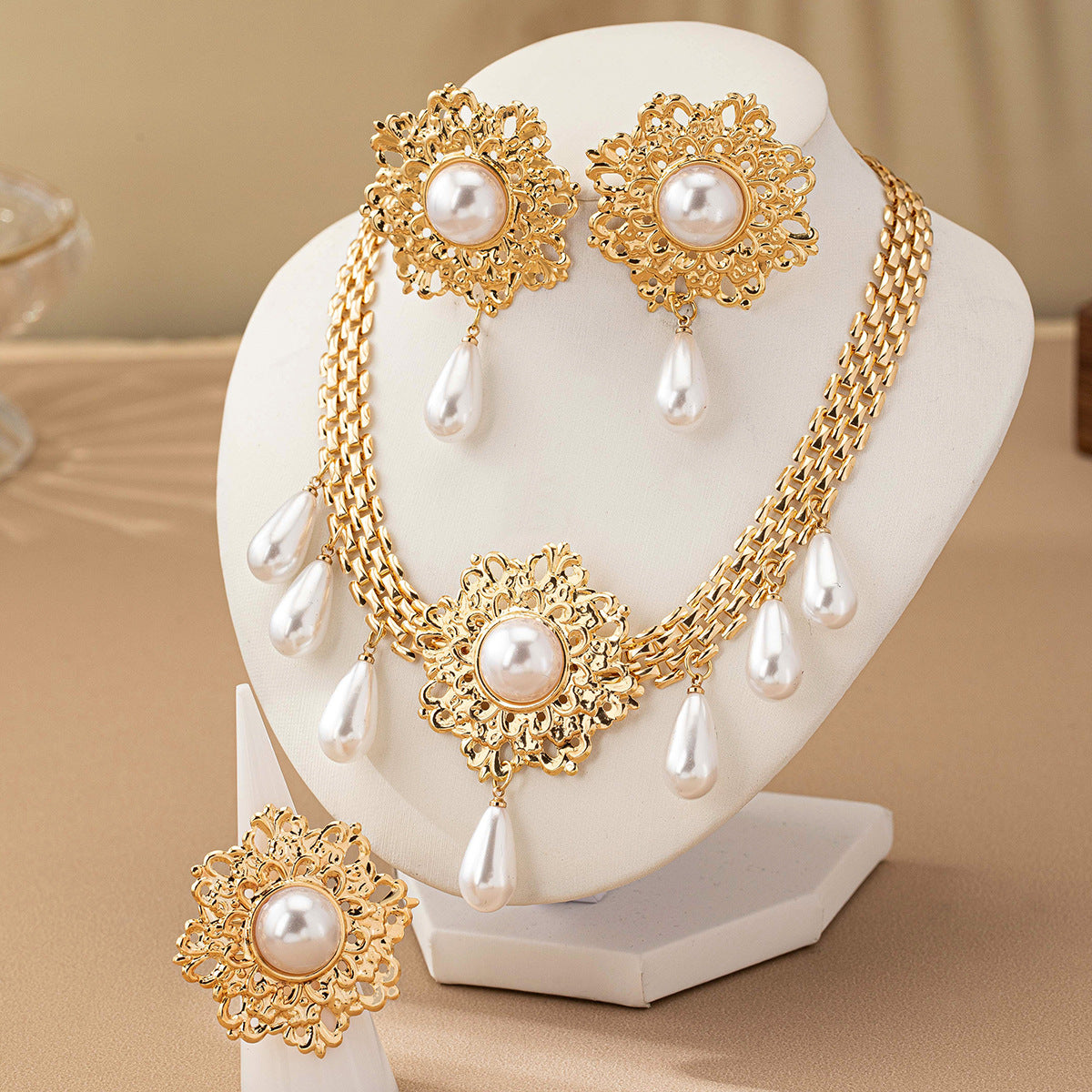 French Retro Hollow Flower Pearl Tassel Necklace Ear Stud Ring