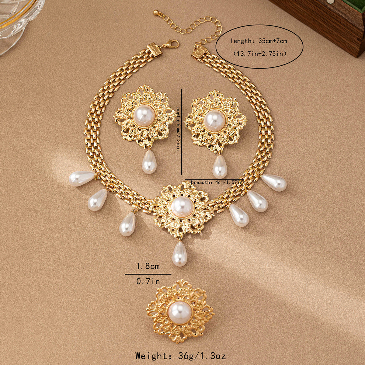 French Retro Hollow Flower Pearl Tassel Necklace Ear Stud Ring