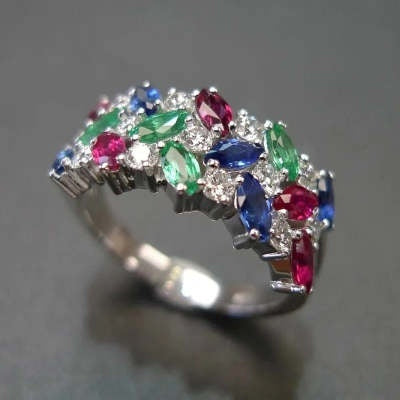 Colorful Horse Eye Zircon Three Rows Inlaid Personality Trendy Ladies Index Finger Ring