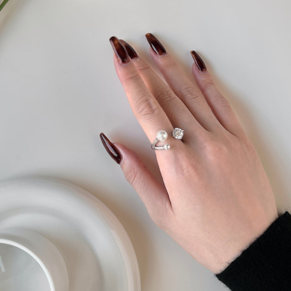 S925 Sterling Silver Women's Open Ring Zircon Pearl Inlaid Personality