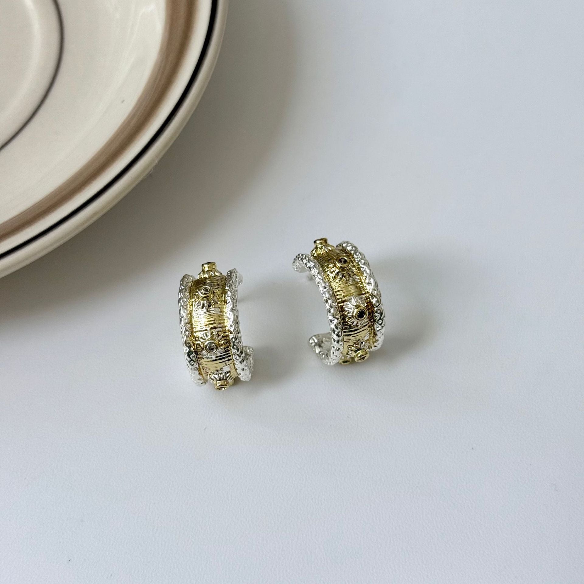Gold And Silver Color Matching C-shaped Brushed Ring Earrings