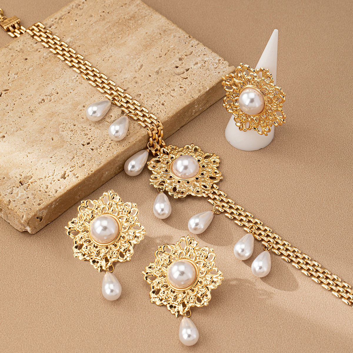 French Retro Hollow Flower Pearl Tassel Necklace Ear Stud Ring