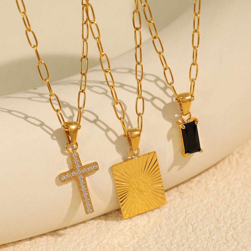 Black Zircon Square Plate Cross Combination Pendant Titanium Steel Necklace