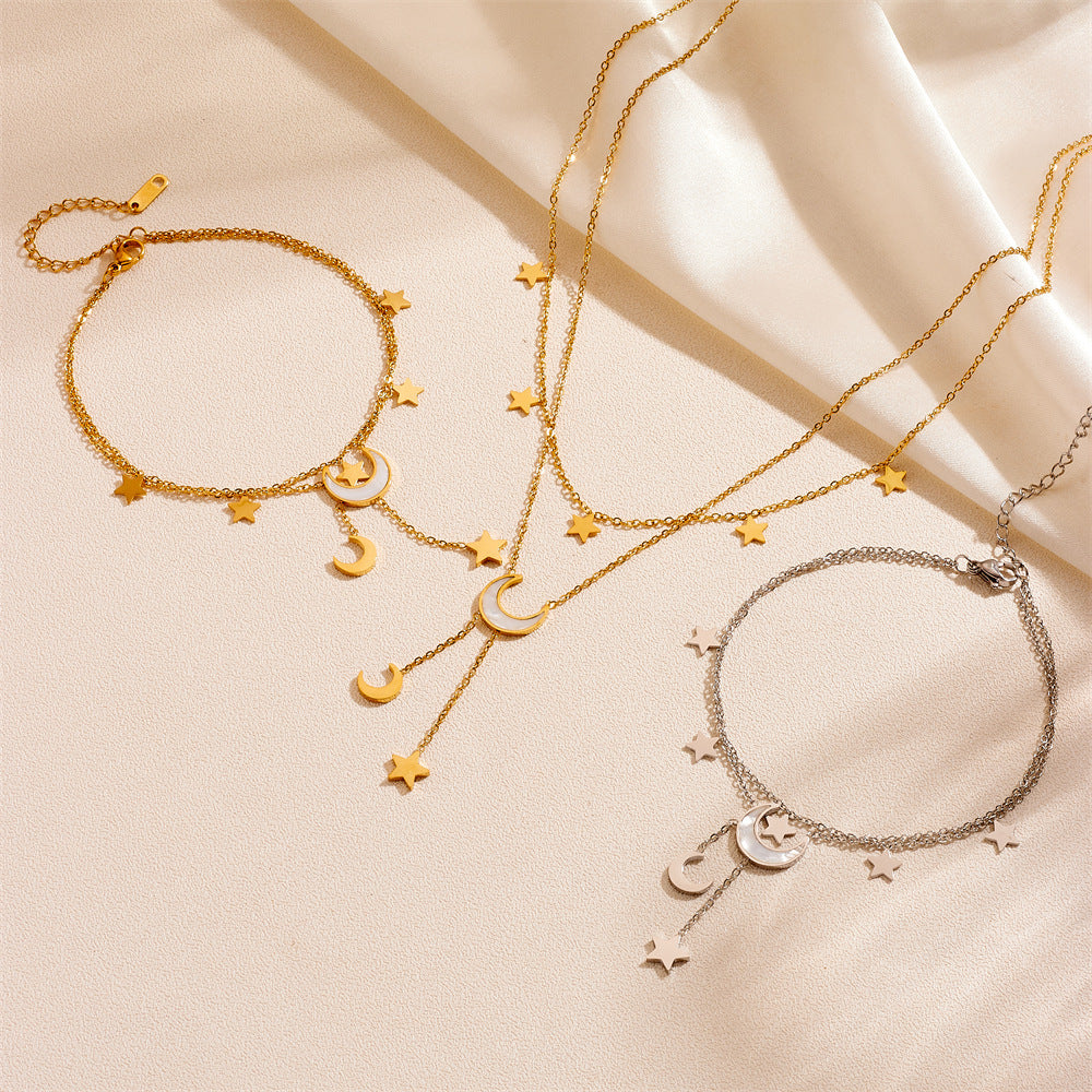 Cute Heart Star Moon Tassel Anklet Stainless Steel