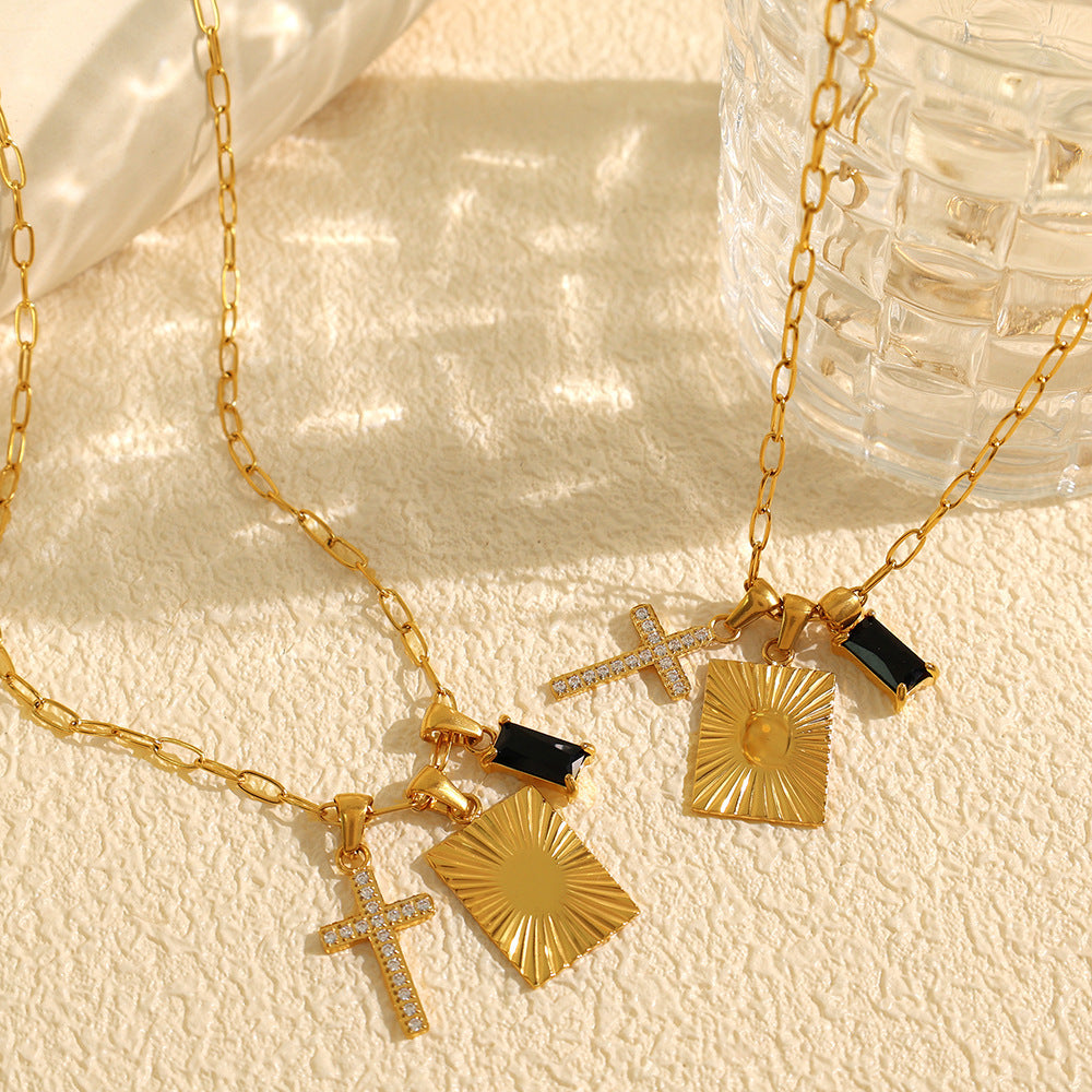 Black Zircon Square Plate Cross Combination Pendant Titanium Steel Necklace