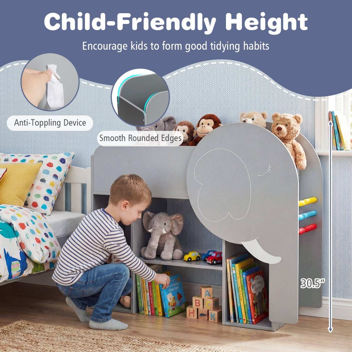 Montessori Bookshelf with Elephant Shape 3-Tier Toddler Toy Storage Organizer-Grey
