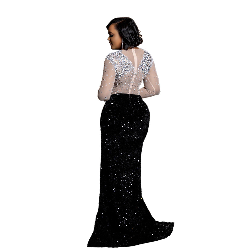 Round Neck High Slit Rhinestone Dress Dresses