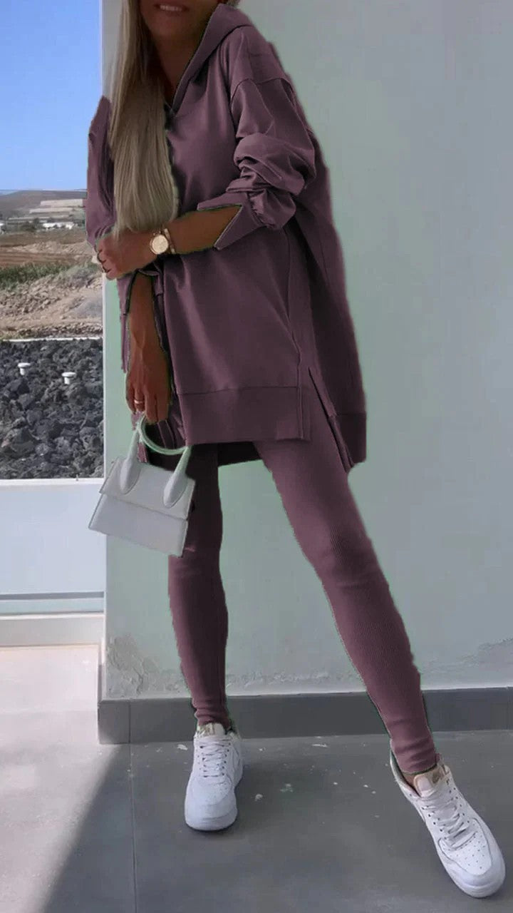 Women's Sports Casual Slit Hooded Tights Two-piece Suits