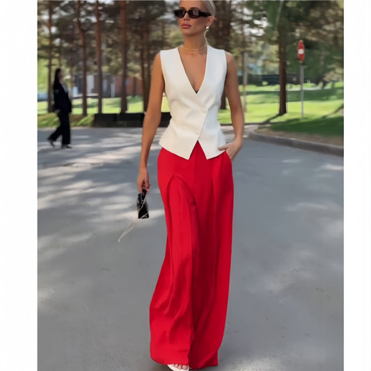 Women's Personality Deep Sleeveless High Waist Wide Leg Suits