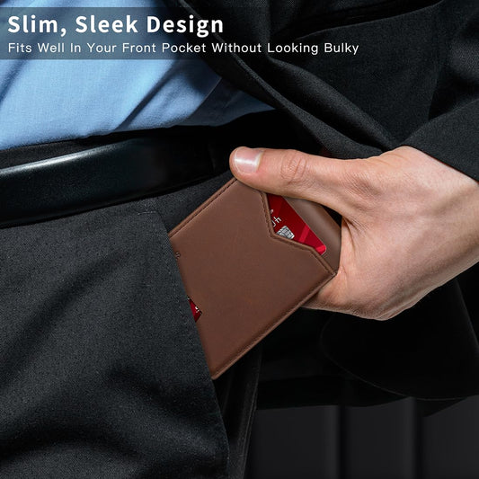 Real Leather Wallet For Men,Slim Bifold Wallet Minimalist Front Pocket Design, RFID Mens Wallet With Money Pocket,ID Window, Hold Up To 11 Cards, Brown, Minimalist