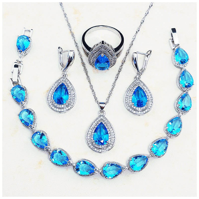 Jewelry Four-piece Set Rings Pendants Earrings Drop-shaped Gem