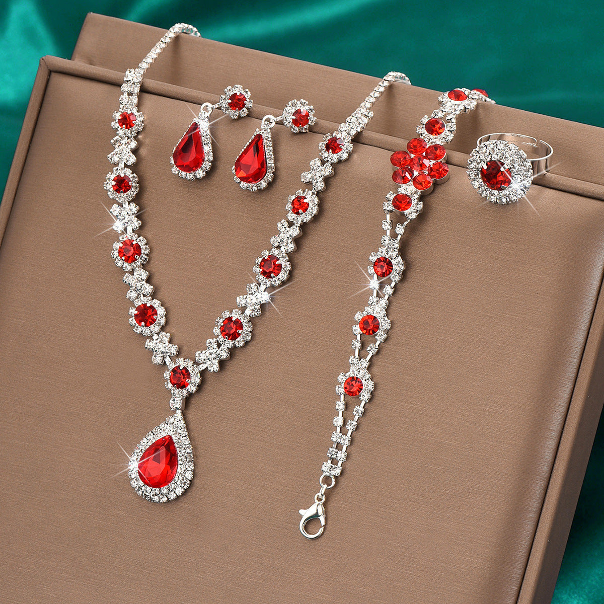 High-grade Crystal Gem Women's Water Drop Necklace Ear Stud Bracelet Ring