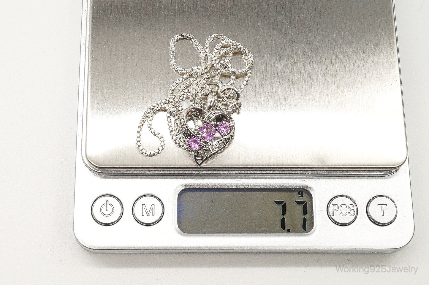 Vintage Pink Topaz Two Diamond Heart Mom Sterling Silver Necklace