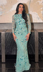 Raihana Long Sleeve High Neck Floral Sequin Embellished Modest Evening Dress