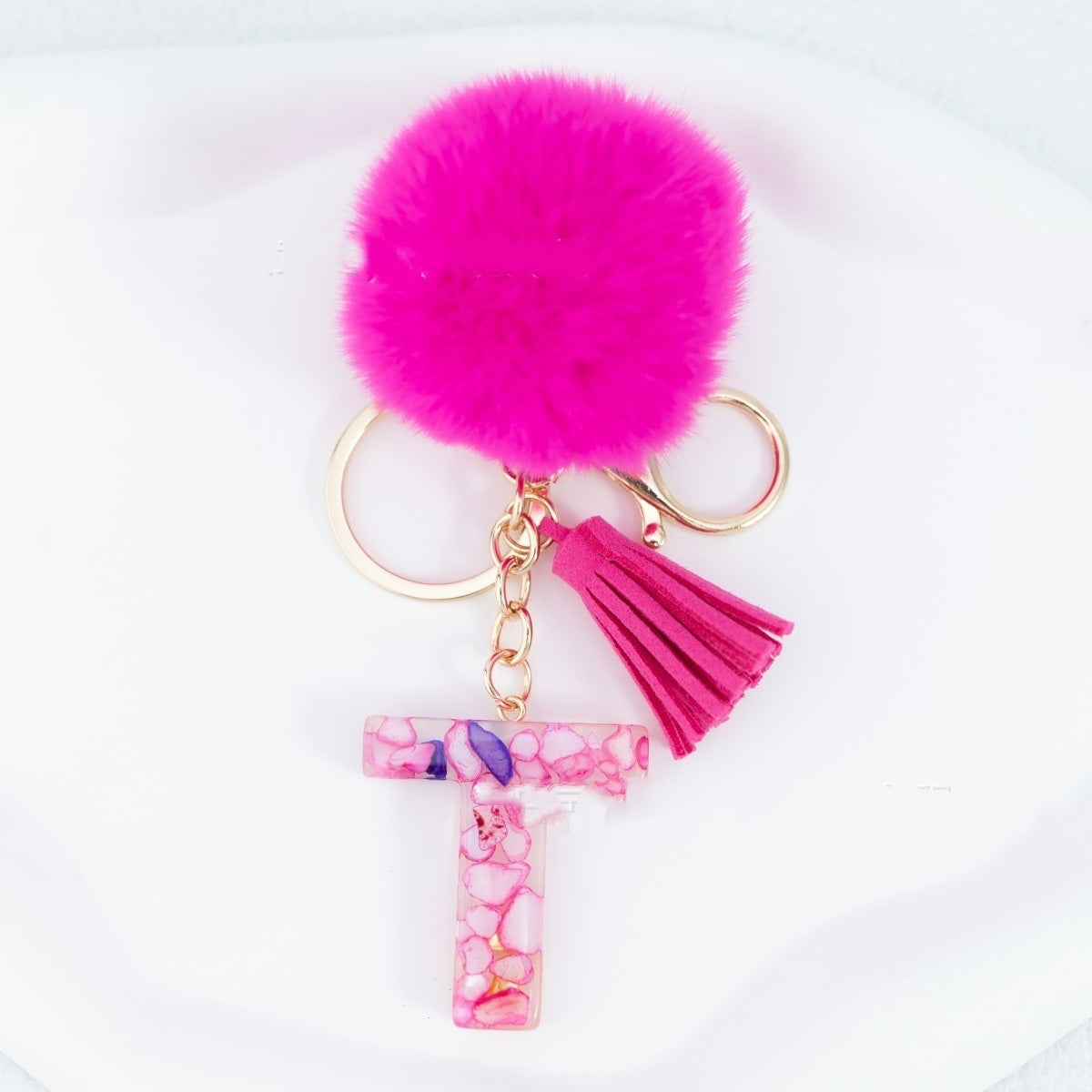 Rose Red Stone 26 English Letters Keychain Fur Ball Tassel Key Bag Pendant