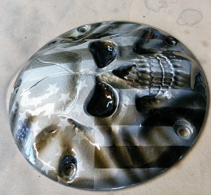 Stretching Skull with American flag Harley derby cover
