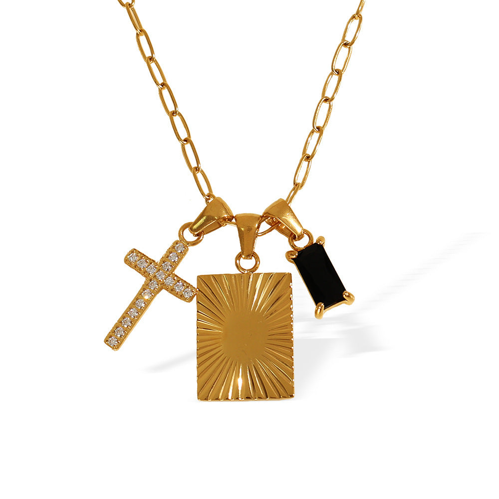 Black Zircon Square Plate Cross Combination Pendant Titanium Steel Necklace
