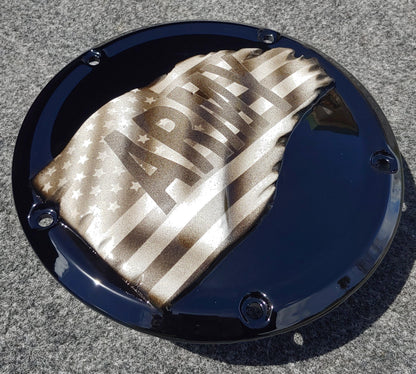 Army Tattered flag Harley derby cover black background
