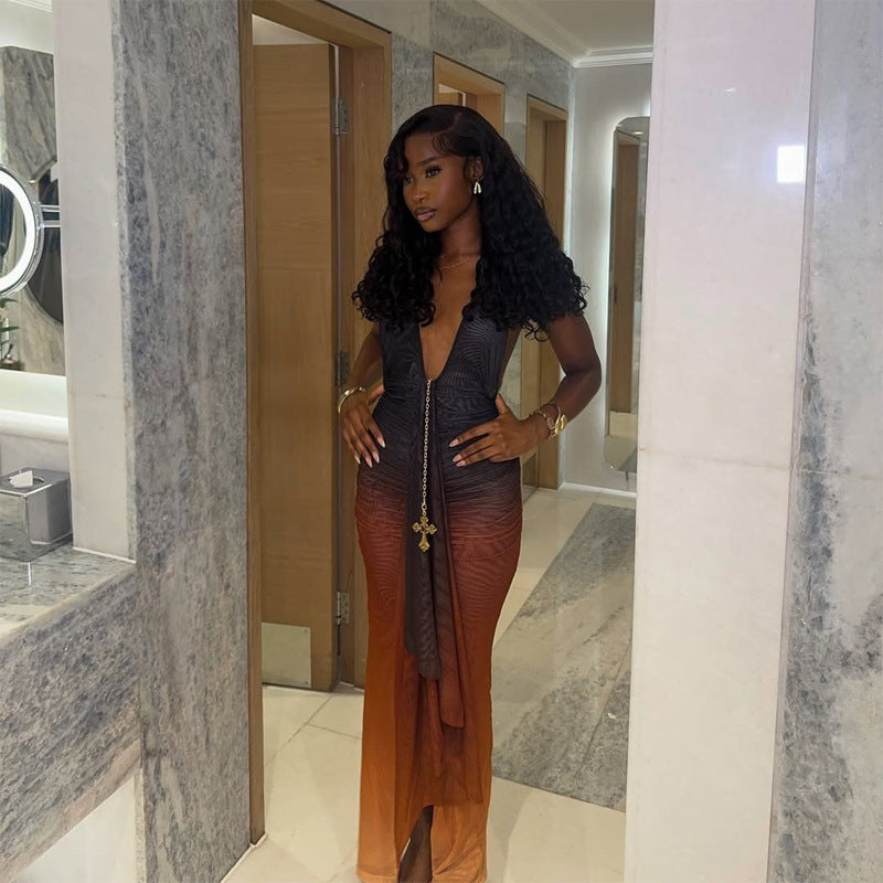 Womens Bold-Color Chic Sexy Deep-V Backless Bodycon Dress