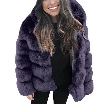 Women's Imitation Fur Hooded Mid-length Slim Fit Coats