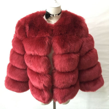 Women's Faux Fox Fur Round Neck Slim Coats
