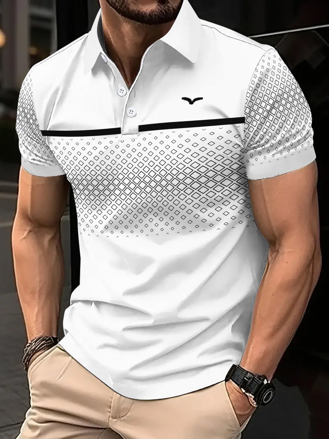 Men's Slim-Fit Printed Lapel Short-Sleeve Polo Shirt