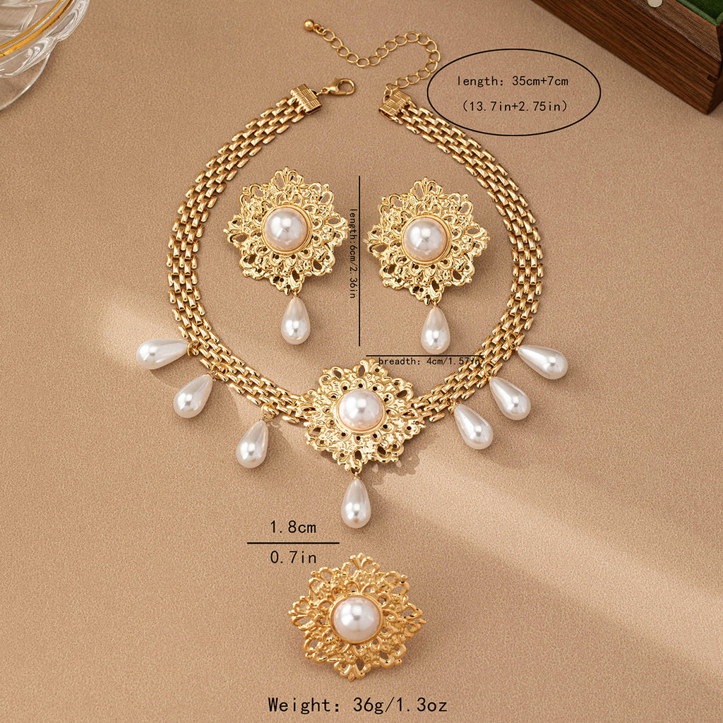 French Retro Hollow Flower Pearl Tassel Necklace Ear Stud Ring