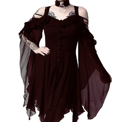 Color Strap Large Swing Sleeve Irregular Dresses