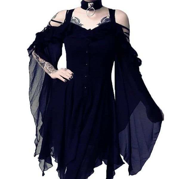 Color Strap Large Swing Sleeve Irregular Dresses