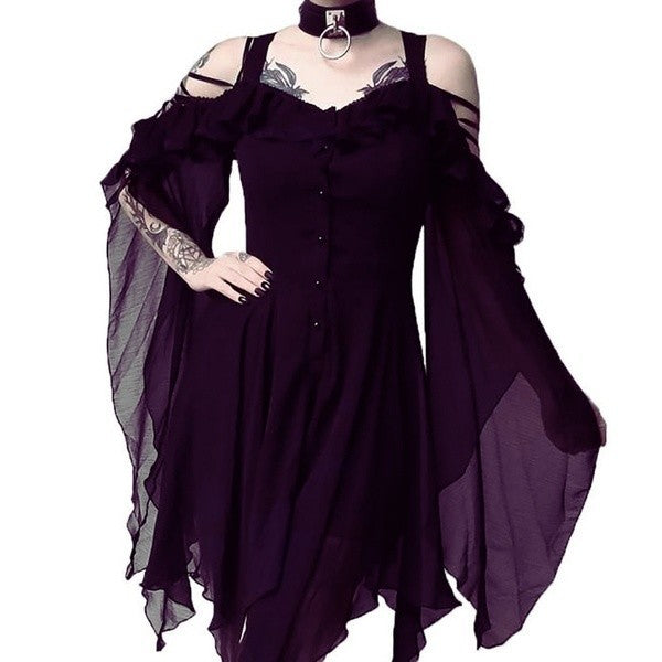 Color Strap Large Swing Sleeve Irregular Dresses
