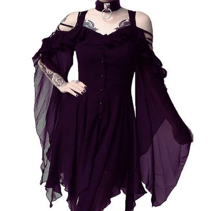 Color Strap Large Swing Sleeve Irregular Dresses