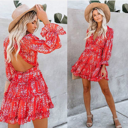 Printed Backless Long Sleeves Wooden Ear Dresses