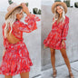 Printed Backless Long Sleeves Wooden Ear Dresses