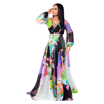 Women's Beach Chiffon Dress Flower Print Fashion Dresses