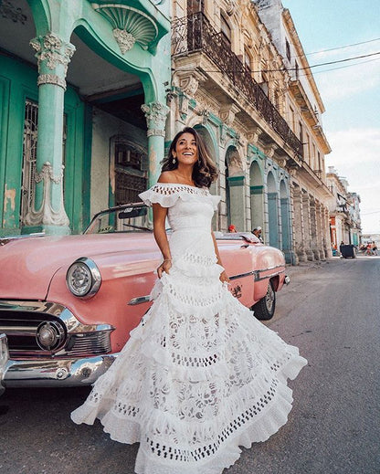 Women's Ruffled Hollow White Wide Hem Lace Dresses