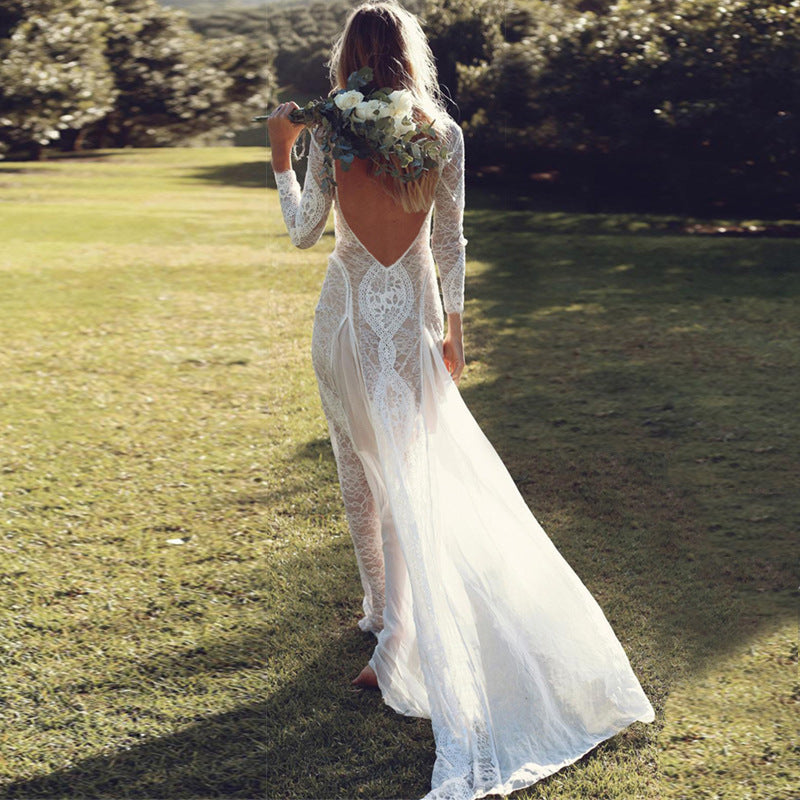 Women's Long Sleeve Lace Sexy Backless Mopping Dresses