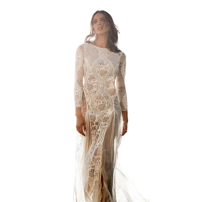 Women's Long Sleeve Lace Sexy Backless Mopping Dresses