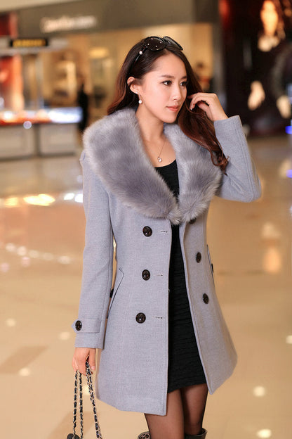 Women's Woolen Korean Double-breasted Mid-length Fur Collar Coats