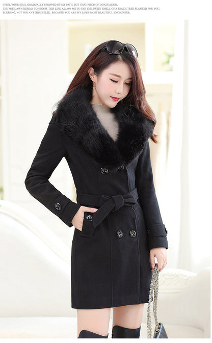 Women's Large Woolen Double-breasted Fur Collar Coats