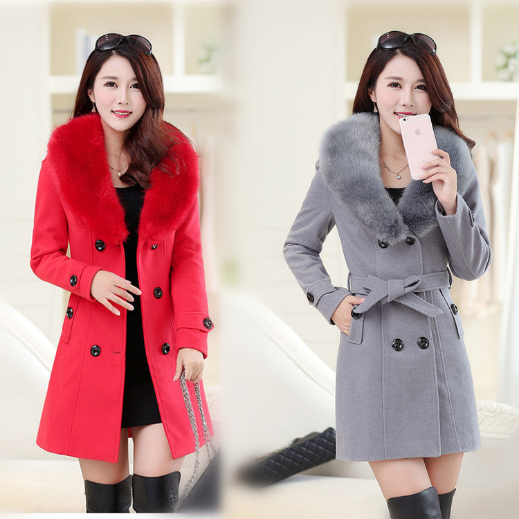 Women's Large Woolen Double-breasted Fur Collar Coats