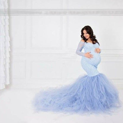 Women's Stitching Mesh Pregnant Floating Tail Long Dresses