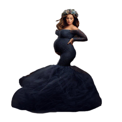Women's Stitching Mesh Pregnant Floating Tail Long Dresses