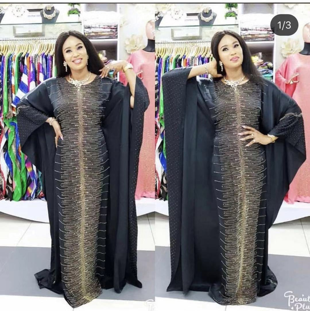 Women's Beaded Silk Satin Round Neck Wide Batwing Sleeve Plus Size