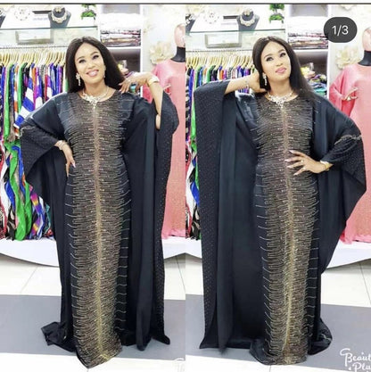 Women's Beaded Silk Satin Round Neck Wide Batwing Sleeve Plus Size