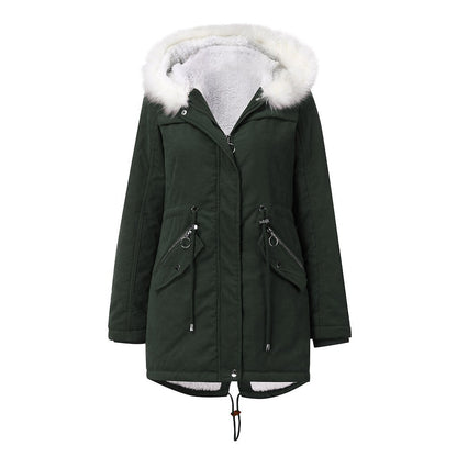 Women's Fur Collar Parka Mid-length Hooded Winter Warm Veet Woman Coats