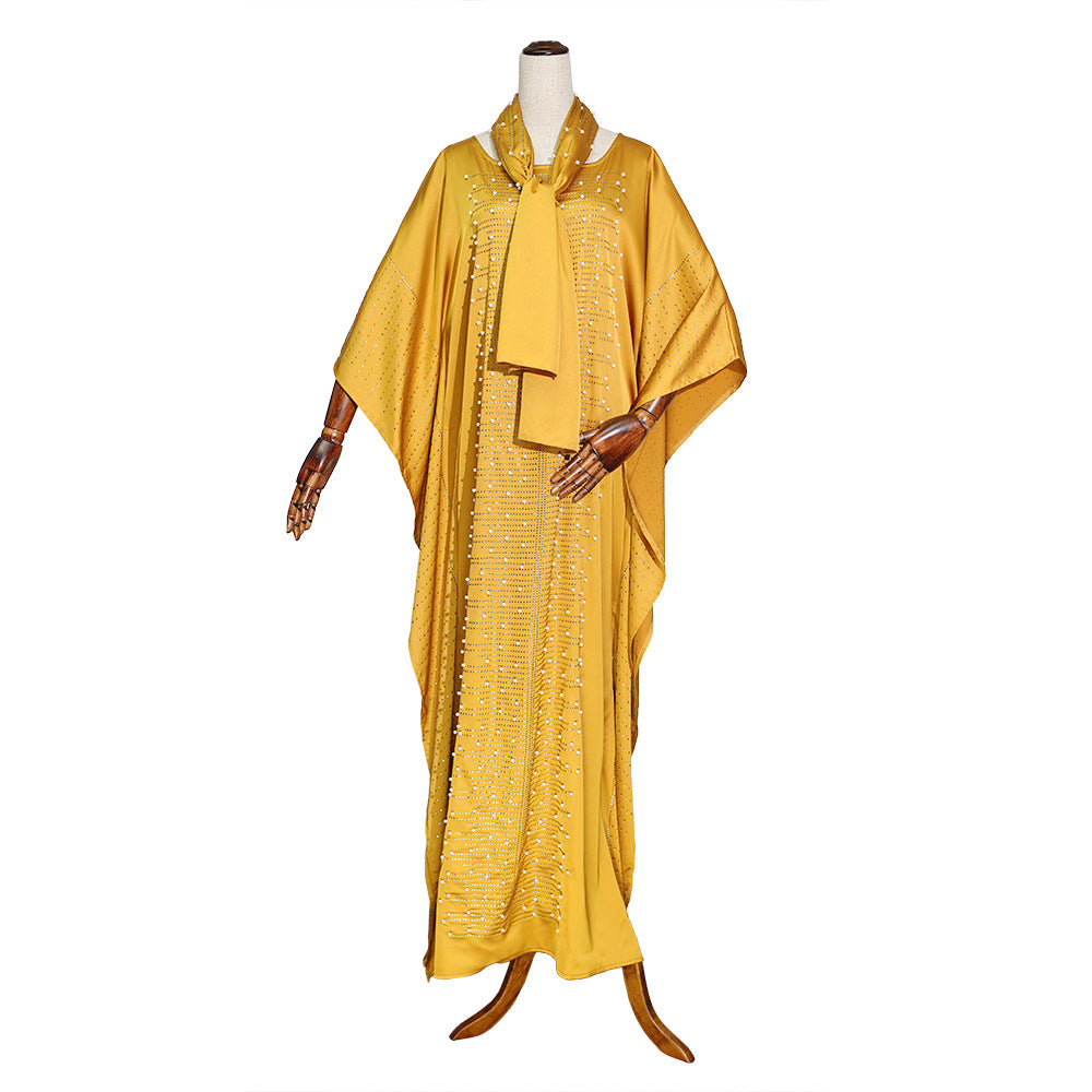 Women's Beaded Silk Satin Round Neck Wide Batwing Sleeve Plus Size