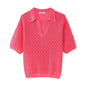 Women Clothing Summer Jacquard Mesh Loose Polo Collar Knitwear