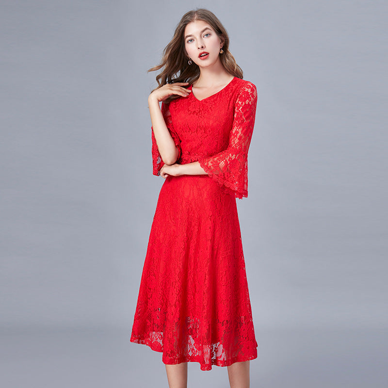Red Dress Fat Lace Slimming Large Dresses