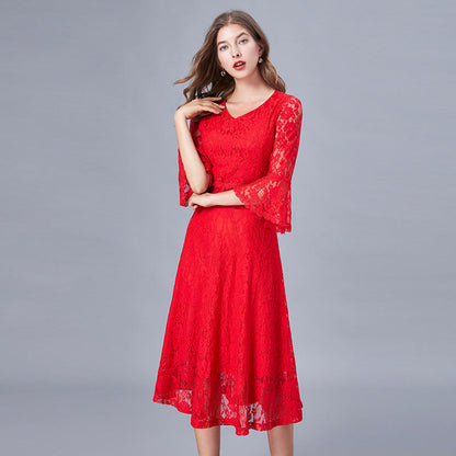 Red Dress Fat Lace Slimming Large Dresses