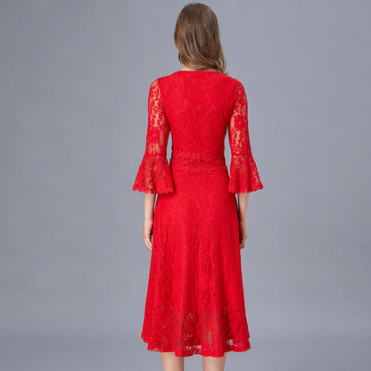 Red Dress Fat Lace Slimming Large Dresses